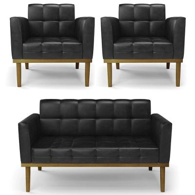 Sofá Namoradeira E 2 Poltronas Base Madeira Castanho Ana Sintético Pu Preto - Ibiza