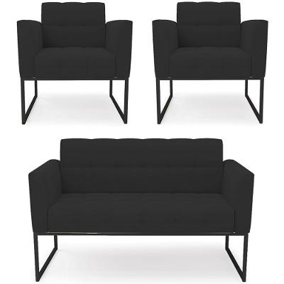 Sofá Namoradeira E 2 Poltronas Base Industrial Preto Ana Veludo Preto - Ibiza
