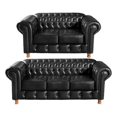 Conjunto Sofás 2 E 3 Lugares Chesterfield Luís Xv Vintage Retrô Capitonê Couro Preto
