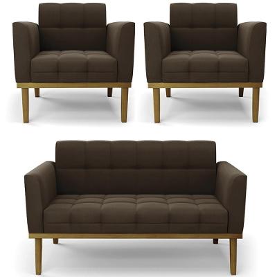 Sofá Namoradeira E 2 Poltronas Base Madeira Castanho Ana Suede Marrom - Ibiza
