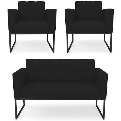 Sofá Namoradeira E 2 Poltronas Base Industrial Preto Ana Linho Preto - Ibiza