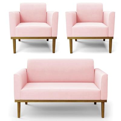 Sofá Namoradeira E 2 Poltronas Base Madeira Castanho Maressa Suede Rosa Bebê - Ibiza