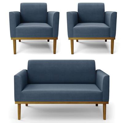 Sofá Namoradeira E 2 Poltronas Base Madeira Castanho Maressa Suede Azul Marinho - Ibiza
