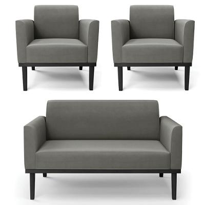 Sofá Namoradeira E 2 Poltronas Base Madeira Preto Maressa Suede Grafite - Ibiza