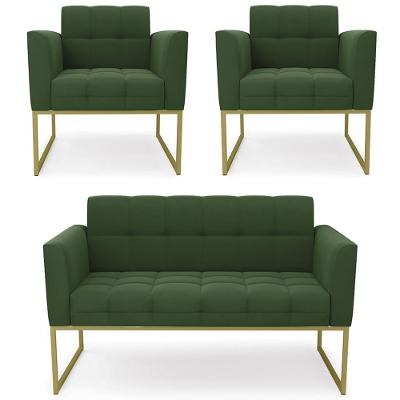 Sofá Namoradeira E 2 Poltronas Base Industrial Dourado Ana Suede Verde - Ibiza