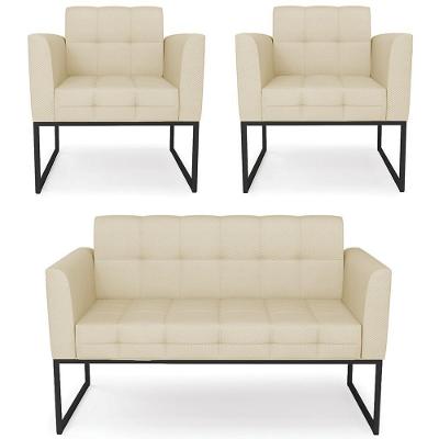 Sofá Namoradeira E 2 Poltronas Base Industrial Preto Ana Veludo Luxo Off White - Ibiza