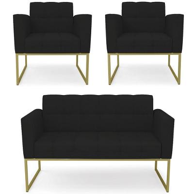 Sofá Namoradeira E 2 Poltronas Base Industrial Dourado Ana Linho Preto - Ibiza