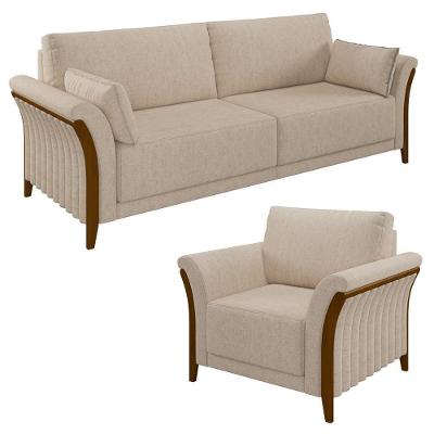 Kit Sofá Living 3 Lugares E Poltrona 102cm Pés Madeira Roya M22 Linho Cru - Mpozenato