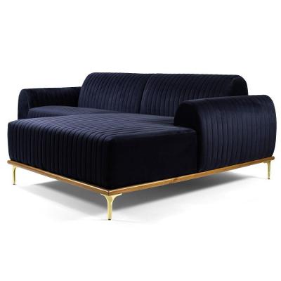 Sofá 300cm 5 Lugares Com Chaise Direito Pés Gold Molino C-287 Veludo Marinho - Domi