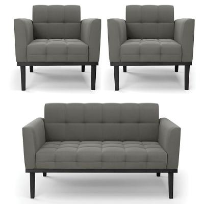 Sofá Namoradeira E 2 Poltronas Base Madeira Preto Ana Suede Grafite - Ibiza