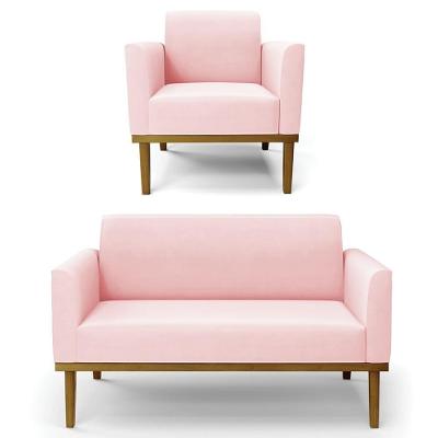 Sofá Namoradeira E 1 Poltrona Base Madeira Castanho Maressa Suede Rosa Bebê - Ibiza