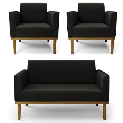 Sofá Namoradeira E 2 Poltronas Base Madeira Castanho Maressa Suede Preto - Ibiza