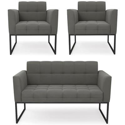Sofá Namoradeira E 2 Poltronas Base Industrial Preto Ana Suede Grafite - Ibiza