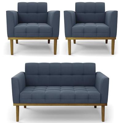 Sofá Namoradeira E 2 Poltronas Base Madeira Castanho Ana Suede Azul Marinho - Ibiza