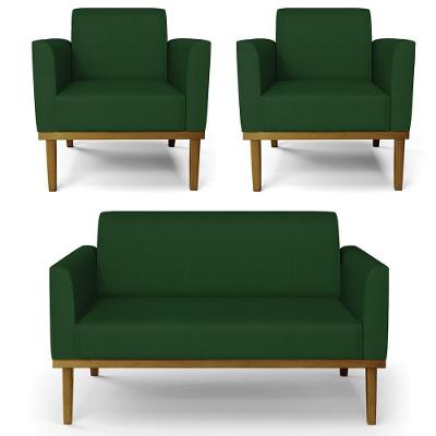 Sofá Namoradeira E 2 Poltronas Base Madeira Castanho Maressa Veludo Luxo Verde - Ibiza