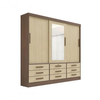Guarda Roupa Casal Meridian Com Espelho 3 Portas 9 Gavetas Sem Pés - D' Doro Castanho/linho