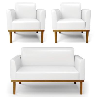 Sofá Namoradeira E 2 Poltronas Base Madeira Castanho Maressa Sintético Pu Branco - Ibiza