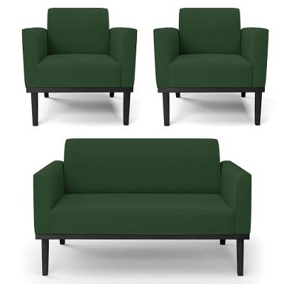 Sofá Namoradeira E 2 Poltronas Base Madeira Preto Maressa Veludo Verde - Ibiza