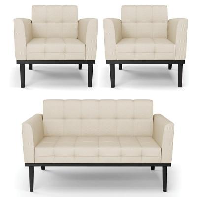Sofá Namoradeira E 2 Poltronas Base Madeira Preto Ana Veludo Luxo Off White - Ibiza