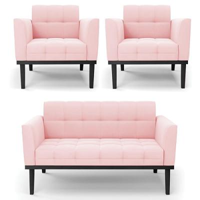 Sofá Namoradeira E 2 Poltronas Base Madeira Preto Ana Suede Rosa Bebê - Ibiza