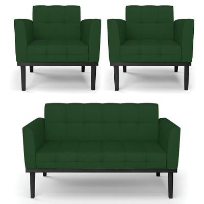 Sofá Namoradeira E 2 Poltronas Base Madeira Preto Ana Veludo Luxo Verde - Ibiza