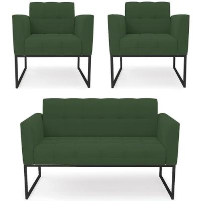 Sofá Namoradeira E 2 Poltronas Base Industrial Preto Ana Veludo Verde - Ibiza