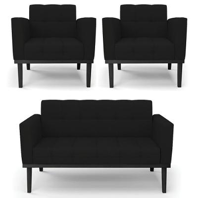 Sofá Namoradeira E 2 Poltronas Base Madeira Preto Ana Linho Preto - Ibiza