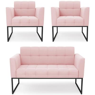 Sofá Namoradeira E 2 Poltronas Base Industrial Preto Ana Suede Rosa Bebê - Ibiza