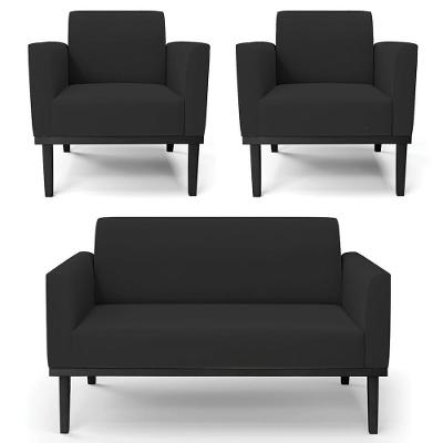 Sofá Namoradeira E 2 Poltronas Base Madeira Preto Maressa Veludo Preto - Ibiza