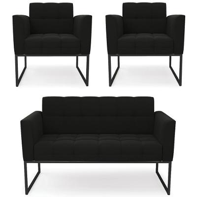 Sofá Namoradeira E 2 Poltronas Base Industrial Preto Ana Suede Preto - Ibiza