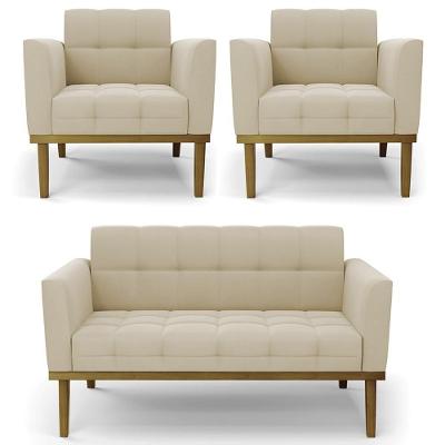 Sofá Namoradeira E 2 Poltronas Base Madeira Castanho Ana Suede Bege - Ibiza