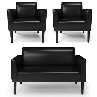 Sofá Namoradeira E 2 Poltronas Base Madeira Preto Maressa Sintético Pu Preto - Ibiza