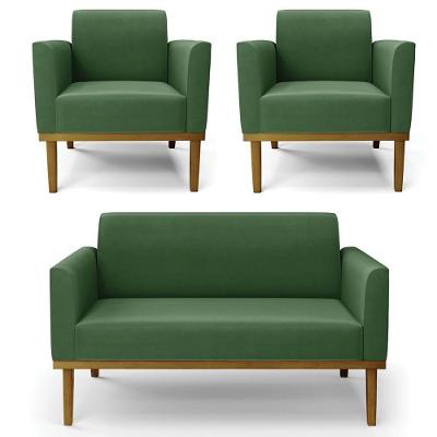 Sofá Namoradeira E 2 Poltronas Base Madeira Castanho Maressa Suede Verde - Ibiza