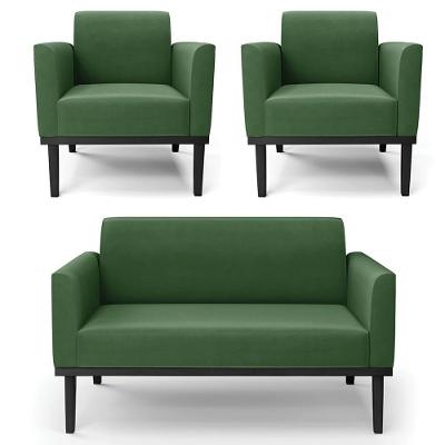 Sofá Namoradeira E 2 Poltronas Base Madeira Preto Maressa Suede Verde - Ibiza