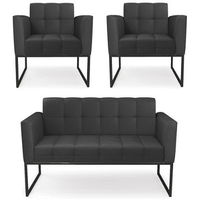 Sofá Namoradeira E 2 Poltronas Base Industrial Preto Ana Sintético Preto - Ibiza