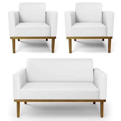 Sofá Namoradeira E 2 Poltronas Base Madeira Castanho Maressa Sintético Branco - Ibiza