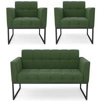 Sofá Namoradeira E 2 Poltronas Base Industrial Preto Ana Suede Verde - Ibiza