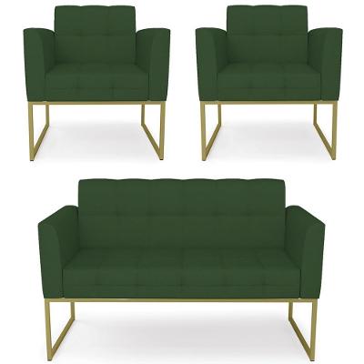 Sofá Namoradeira E 2 Poltronas Base Industrial Dourado Ana Veludo Luxo Verde - Ibiza
