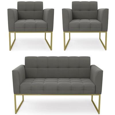 Sofá Namoradeira E 2 Poltronas Base Industrial Dourado Ana Suede Grafite - Ibiza