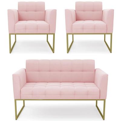 Sofá Namoradeira E 2 Poltronas Base Industrial Dourado Ana Suede Rosa Bebê - Ibiza