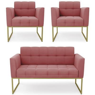 Sofá Namoradeira E 2 Poltronas Base Industrial Dourado Ana Suede Rosê - Ibiza