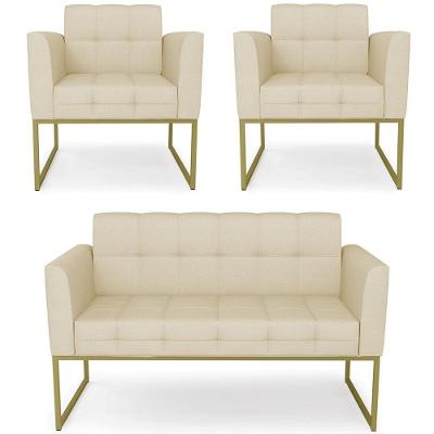 Sofá Namoradeira E 2 Poltronas Base Industrial Dourado Ana Veludo Luxo Off White - Ibiza