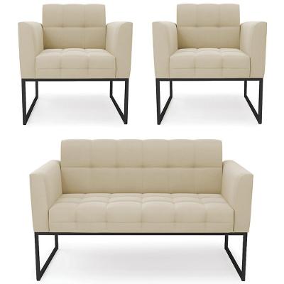 Sofá Namoradeira E 2 Poltronas Base Industrial Preto Ana Suede Bege - Ibiza