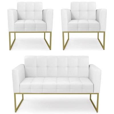 Sofá Namoradeira E 2 Poltronas Base Industrial Dourado Ana Sintético Branco - Ibiza