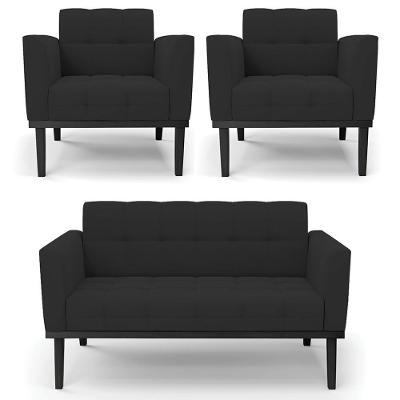 Sofá Namoradeira E 2 Poltronas Base Madeira Preto Ana Veludo Preto - Ibiza