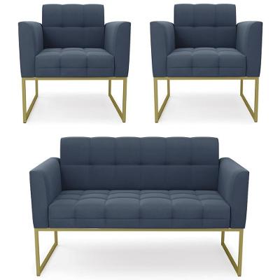 Sofá Namoradeira E 2 Poltronas Base Industrial Dourado Ana Suede Azul Marinho - Ibiza