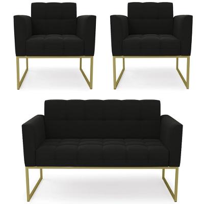 Sofá Namoradeira E 2 Poltronas Base Industrial Dourado Ana Suede Preto - Ibiza