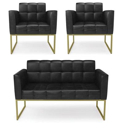 Sofá Namoradeira E 2 Poltronas Base Industrial Dourado Ana Sintético Pu Preto - Ibiza