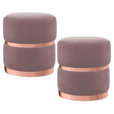 Kit 2 Puffs Decorativos Com Cinto E Aro Rosê Round C-305 Veludo Rosê - Domi