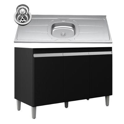 Balcão De Cozinha Com Pia Inox 120cm 3 Portas Manu Preto - Ajl Móveis